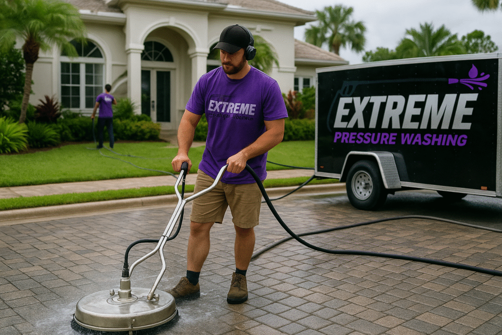 Describe the image accurately and include keywords where natural eg., Pressure washing a pool patio in Naples, Fl