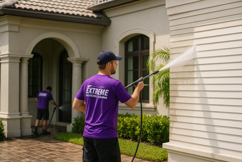 Describe the image accurately and include keywords where natural eg., Pressure washing a pool patio in Naples, Fl